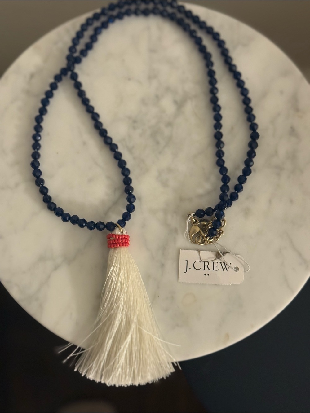 NWT J. Crew Navy Beaded Necklace with Ivory Tassel and Coral Wrap